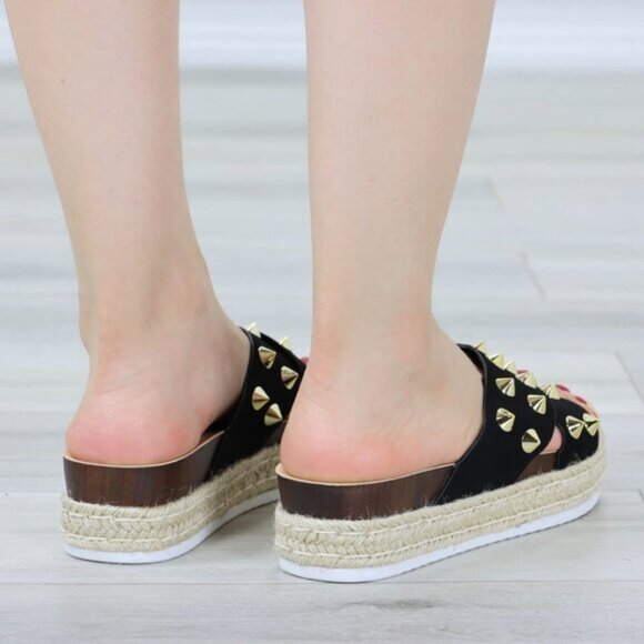 Black Platform Espadrille Sandals Crossover Gold Metal Stud Slip On Sliders - Picture 12 of 15